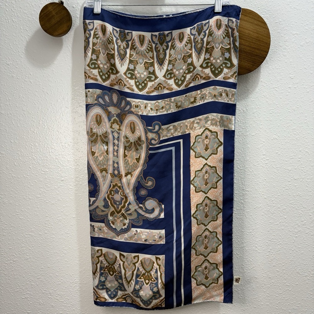 VTG Triangle Brand Scarf Wrap Hand Printed 100% Silk 30x30" Paisley Blue Boho